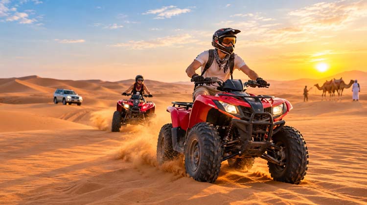 Dubai desert safari with quad bike adventure across the desert dunes at sunset